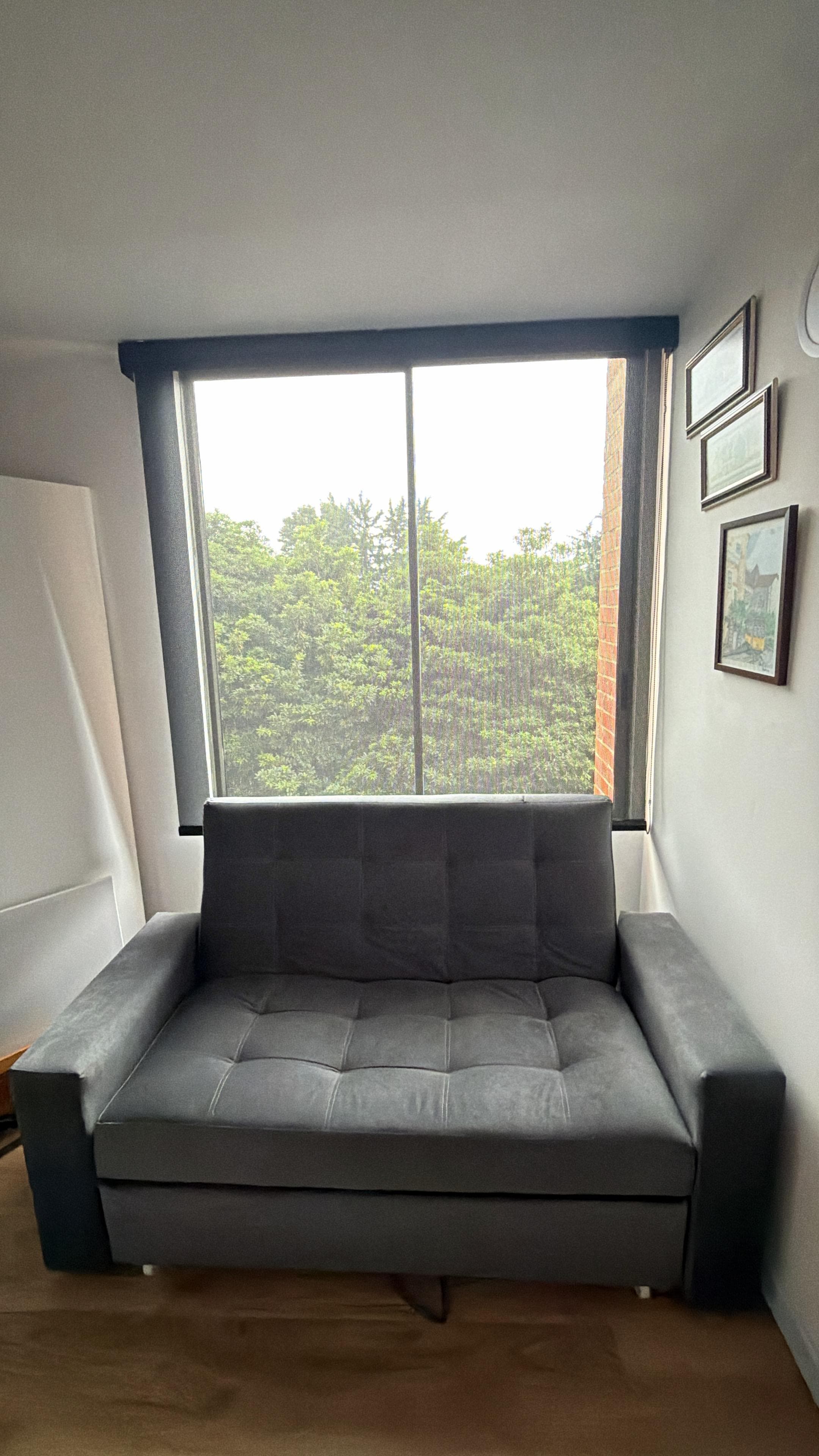 Cortina roller gris oscuro instalada sobre ventana con vista arbolada